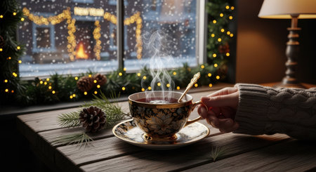 Female hands holding a cup of hot tea on the background of the window.の素材