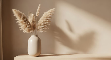 White vase with dry pampas grass on wooden shelf.の素材