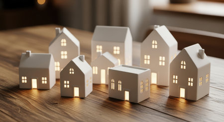 Paper houses on wooden table. Real estate concept. 3D renderingの素材