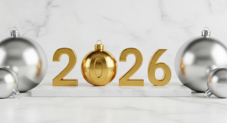 New Year's card with gold numbers 2020 and silver christmas balls on white marble background. 3D renderingの素材