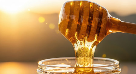 Honey dripping from a wooden honey dipper into a glass jarの素材