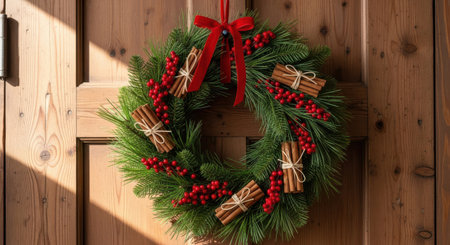 Christmas wreath with red bow and cinnamon sticks on wooden door.の素材