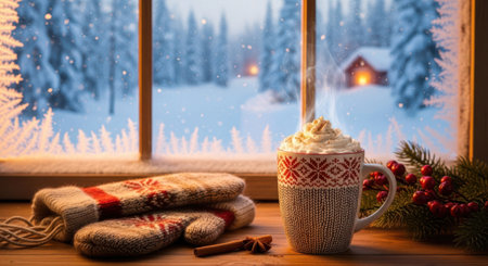Cup of hot cocoa with marshmallows and woolen mittens on the windowsill in the winter forest.の素材