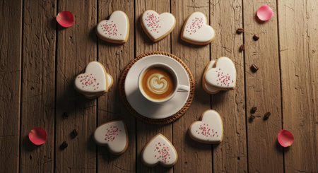 Cup of coffee with heart shaped cookies on a wooden background.の素材