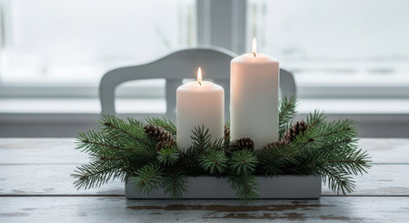 Christmas wreath with burning candles on a wooden table near the windowの素材
