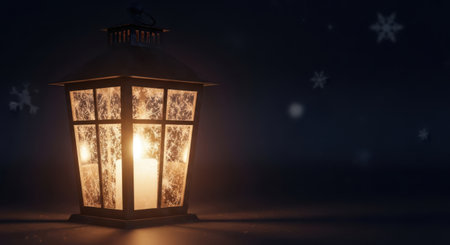 Lantern on a dark background with snowflakes. Christmas and New Year concept.の素材