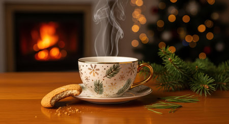 Cup of hot tea with cookies and Christmas tree on background.の素材
