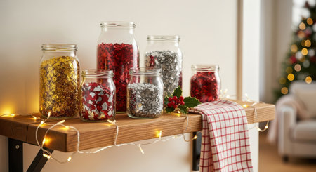 Glass jars with different spices on wooden shelf in room decorated for Christmasの素材