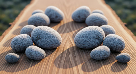 Frozen zen stones on a wooden board. Selective focus.の素材