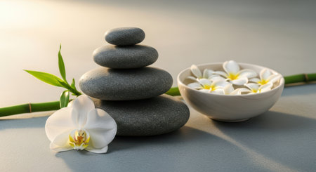 Spa stones and white orchid on light background, closeupの素材