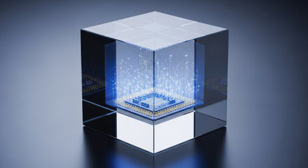 3d illustration of a cube with a binary code on a blue backgroundの素材