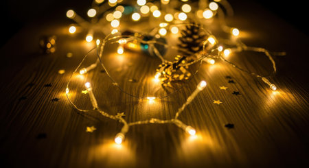Christmas lights on wooden background. Festive glowing garland. New Year concept.の素材