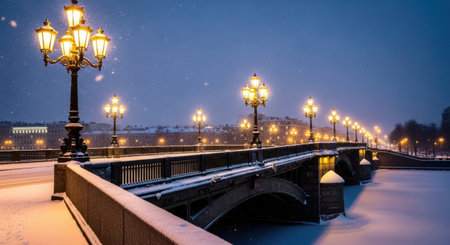 City embankment at night in winter, Moscow, Russia.の素材