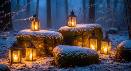 Lanterns in the forest during a snowfall at nightの素材