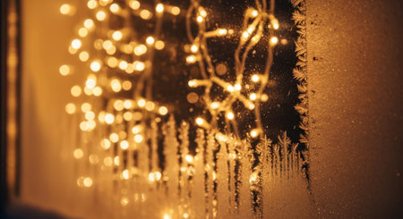 Christmas garland lights on a window. Festive Christmas background.の素材