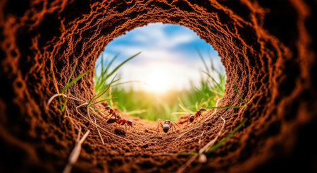 Ants in the hole of a hole in the ground, close upの素材