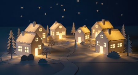 Christmas and New Year background with small houses and snowflakes. Holiday concept.の素材