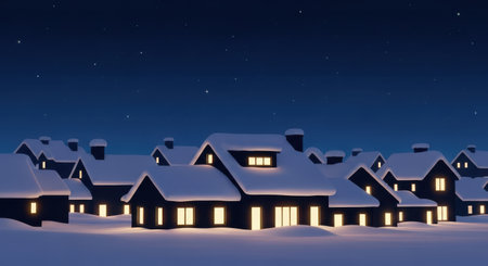 Illustration of a winter village with snow covered houses at night.の素材