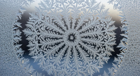 Frosty pattern on winter window glass. Abstract natural background.の素材
