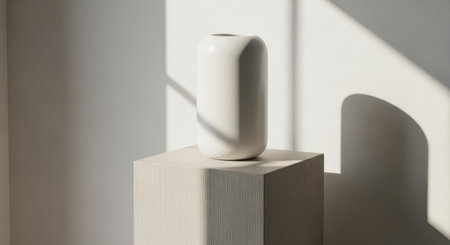 White ceramic vase on a wooden stand on a white wall backgroundの素材