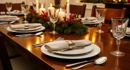 Festive table setting for Christmas or New Year dinner in the restaurantの素材
