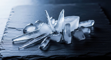 Closeup of ice cubes on black background. Selective focus. Toned.の素材