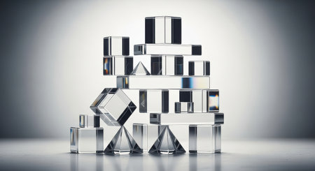 Abstract pyramid made of glass cubes on white background. 3D renderingの素材