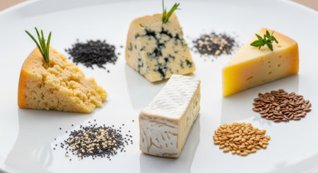 Cheese plate with different types of cheese on a white background.の素材