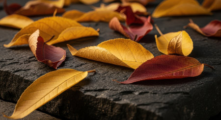 Capture essence of autumn with golden and red leaves scattered across dark stone surface. Leaves contrast against rough texture of stone, creating visual interplay of colors and textures. Golden hour light enhances warm tones of autumn foliage.の素材