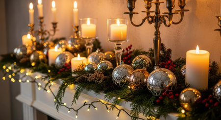 Capture elegance with mantle decorated with candles ornaments and garland. See warm glow of candles combined with decorative balls and festive greenery. Ideal image for representing sophisticated holiday decor and festive ambiance. Perfect for showcasing detailed interior design and seasonal elegance.の素材