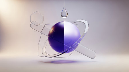 3d render, abstract background with glass sphere and liquid drop.の素材