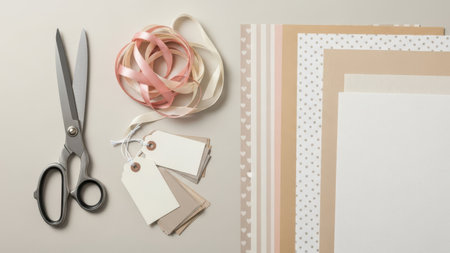 scrapbooking tools, scissors and ribbons on white backgroundの素材