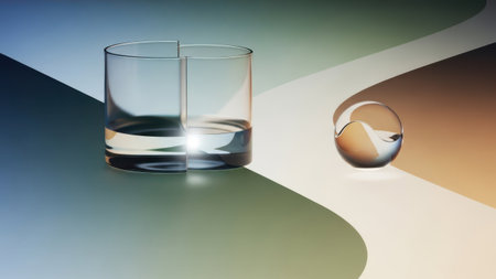 Two glasses of water and a crystal ball on a colorful background.の素材