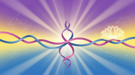 Ribbon in the form of a flower on a colored background.の素材