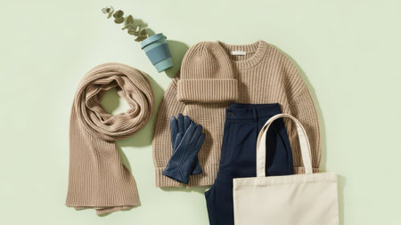 Women's clothing and accessories on green background. Flat lay, top view.の素材