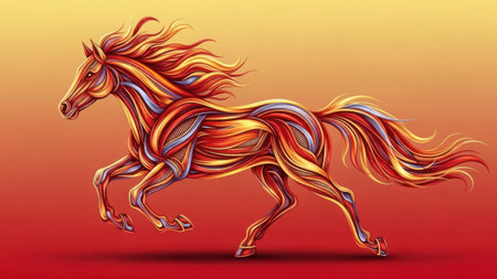 Horse running in the wind. Vector illustration on a red background.の素材