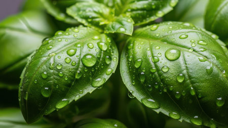 Fresh green basil leaves with water drops close-up macro photography.の素材