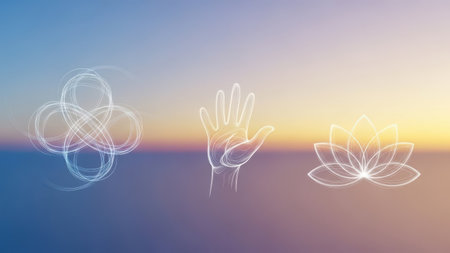 Lotus flower and human hand on sunset sky background. Yoga concept.の素材