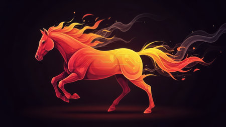 Vector illustration of a horse with a fiery mane on a dark backgroundの素材