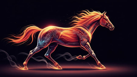 Digital illustration of a horse with circuit board and particles in the backgroundの素材