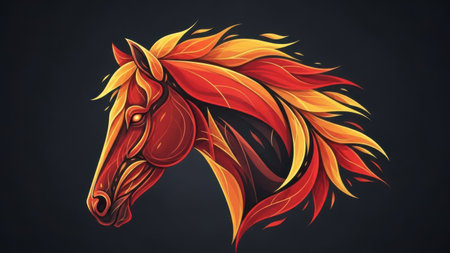 Horse head with fire flames on a black background. Vector illustrationの素材