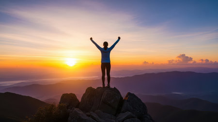 Silhouette of woman standing on top of the mountain and raised hands up.の素材