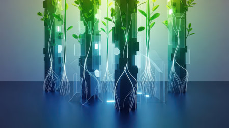 3d illustration of green plant in the dark background with neon lightsの素材