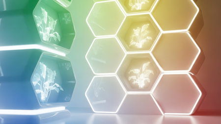 3D rendering of a medical background with a hexagonal pattern and a neon lightの素材