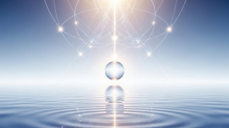 3d illustration of a crystal ball on a blue background with connection linesの素材