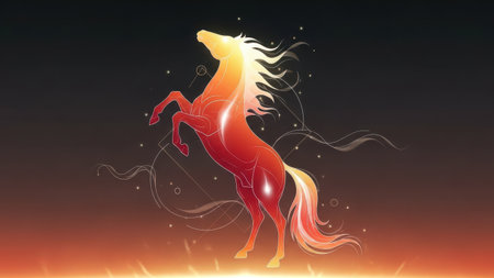 Illustration of a beautiful red horse on the background of the night skyの素材