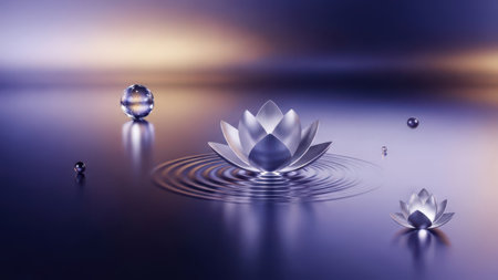 Lotus flower with reflection on water. 3d render illustration.の素材