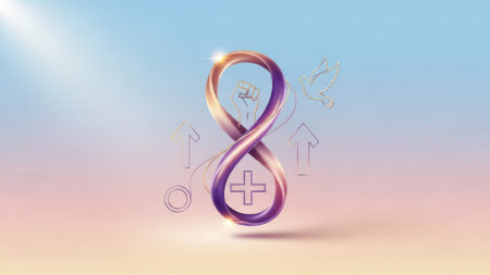 8 March International Women's Day. 3D illustration of a Golden ampersand on a blue background.の素材