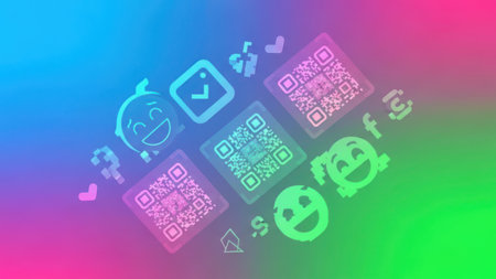 Illustration of a set of emoticons and symbols on a colorful backgroundの素材