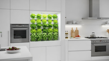 3d Illustration of white modern kitchen in a house with a beautiful designの素材